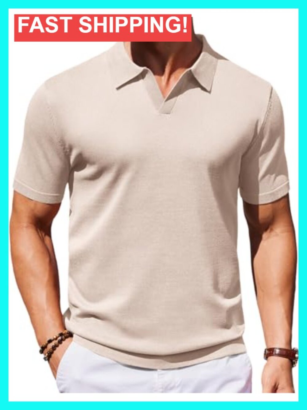 V-Notch Short Sleeve Stretch Knit Polo Shirt, Ice Silk Fabric
